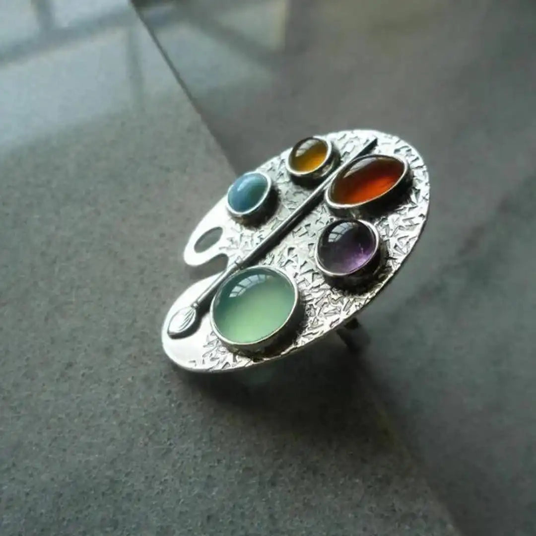 Artist Palette Multicolour Gemstone Adjustable Ring