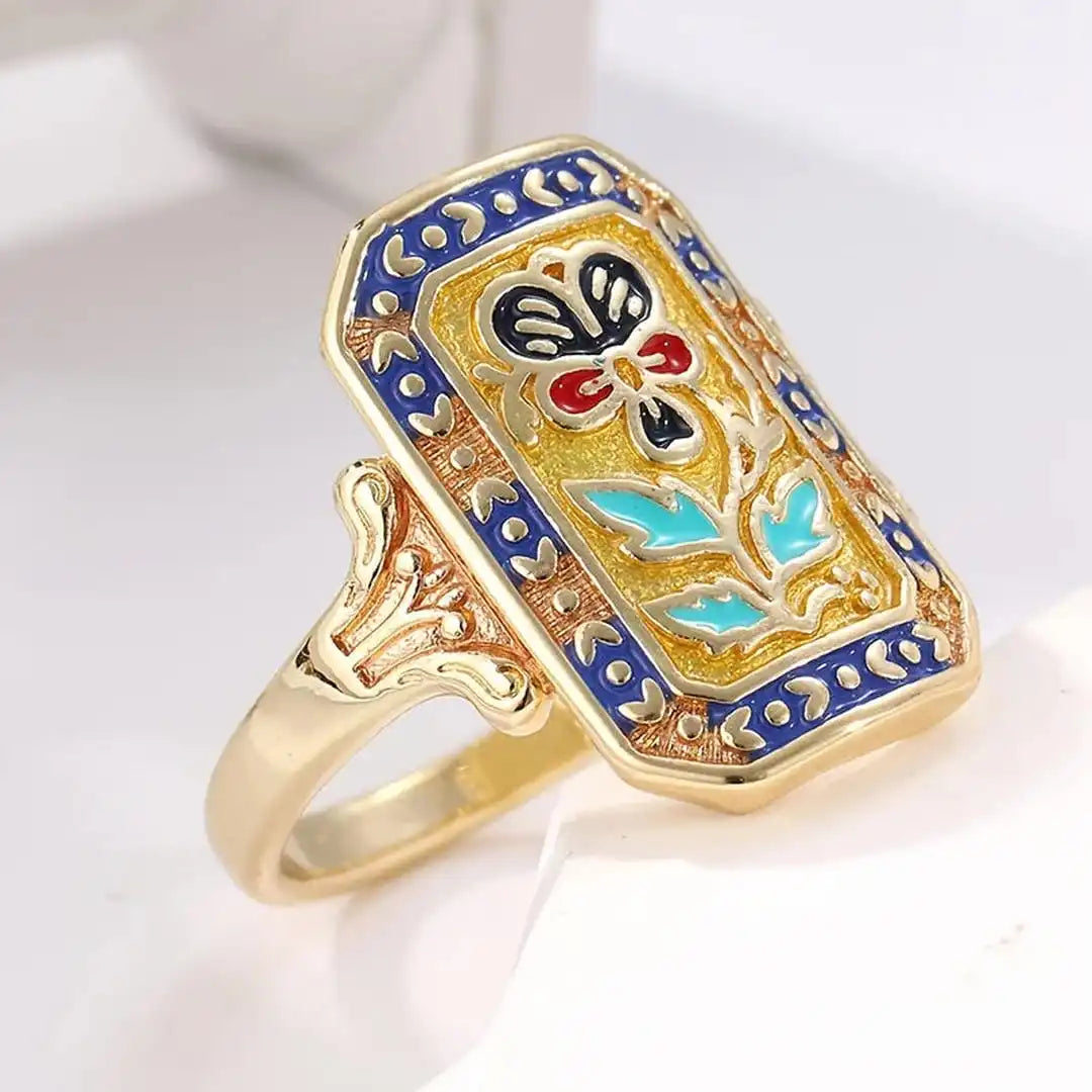 Vintage Enamel Floral Statement Ring