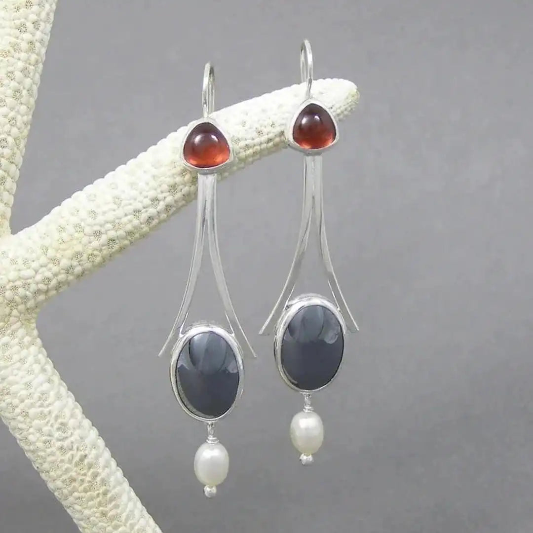 Silver Tri-Stone Pearl Drop Earrings