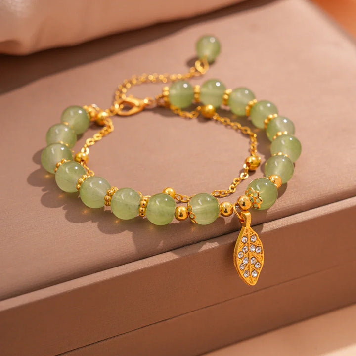 Leaf Charm Jade Beaded Bracelet