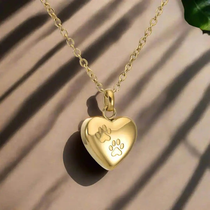 Pet Memorial Urn Necklace Heart-Shaped Pendant with Paw Engraving
