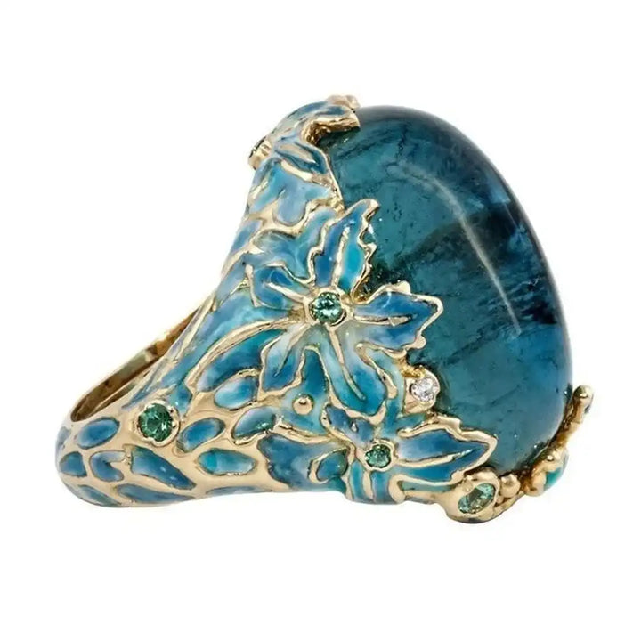 Elegant Gold Flower Blue Stone Ring