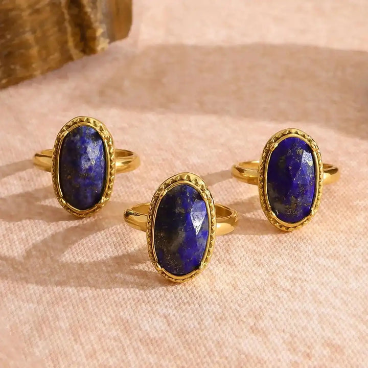 Golden Adjustable Ring with Lapis Azul Stone