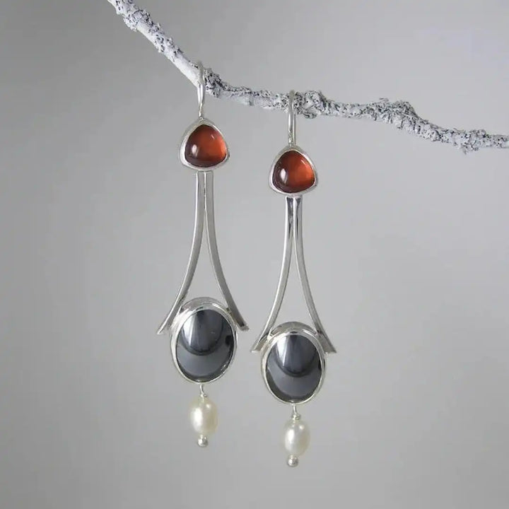 Silver Tri-Stone Pearl Drop Earrings