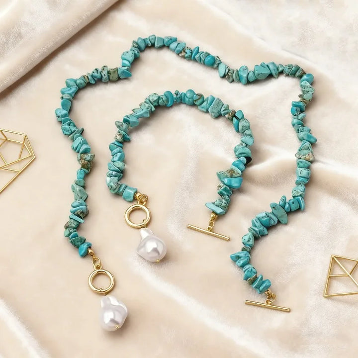 Turquoise Chip &amp; Baroque Pearl Toggle Necklace