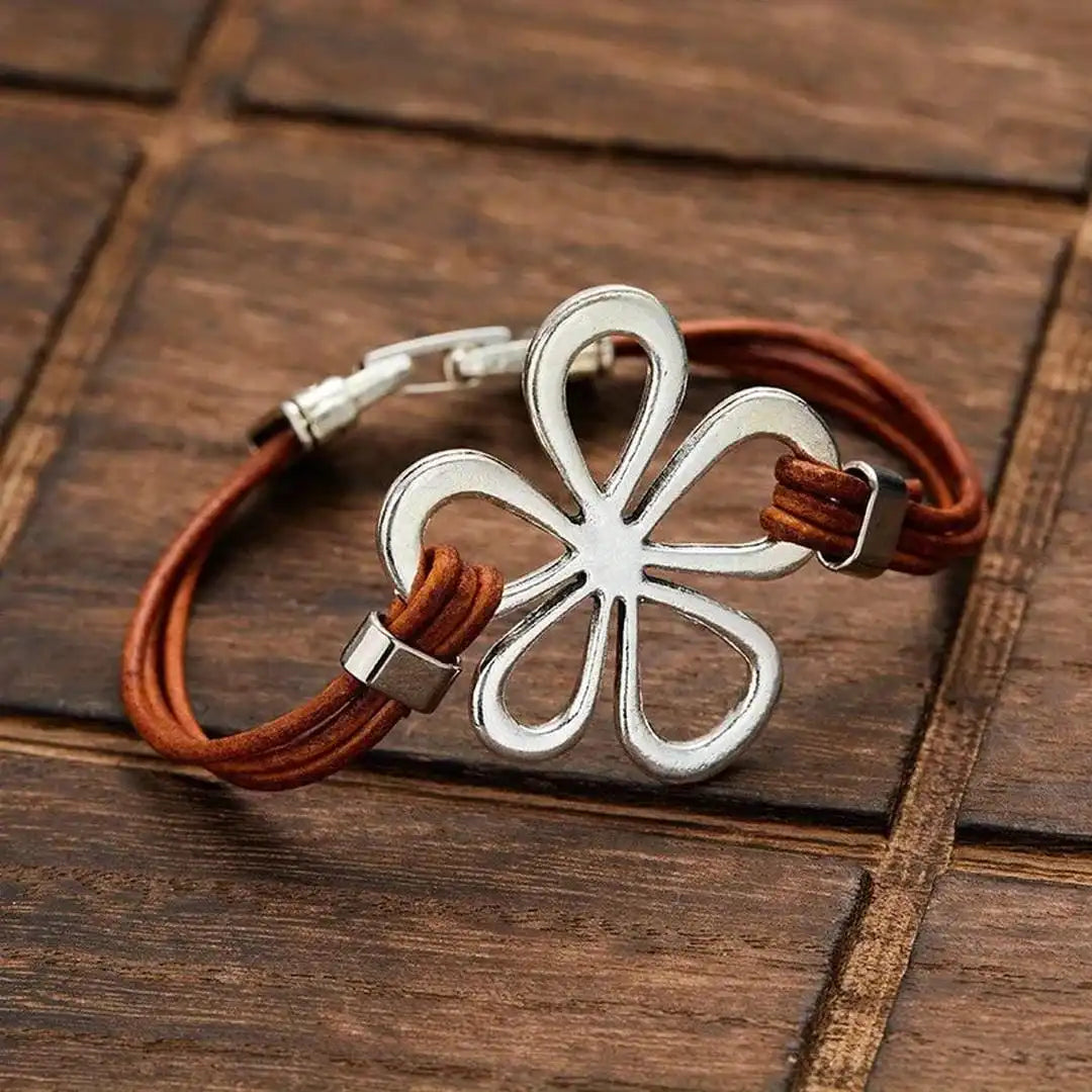 Classic Silver Flower Leather Bracelet