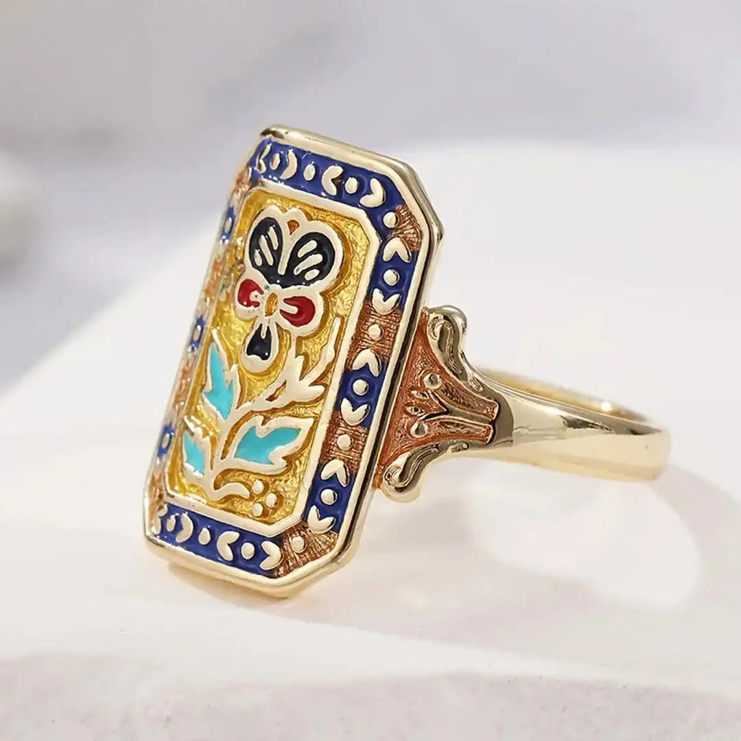 Vintage Enamel Floral Statement Ring
