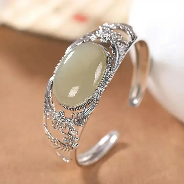 Silver Inlaid Jade Hollow Bangle