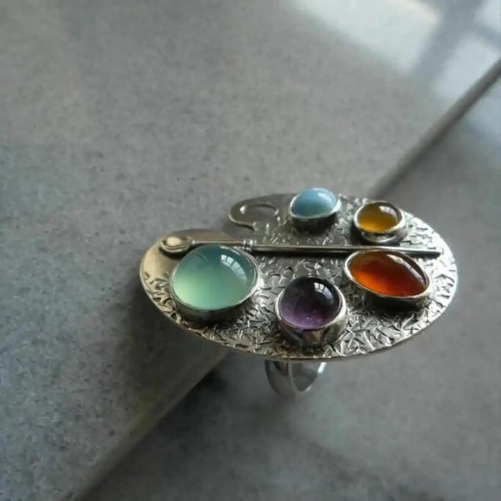 Artist Palette Multicolour Gemstone Adjustable Ring
