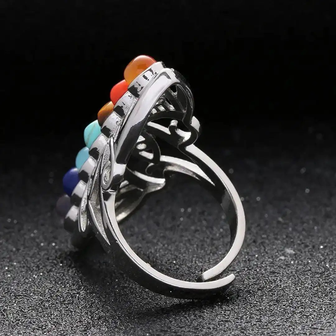 Chakra Seven Stone Adjustable Silver Ring
