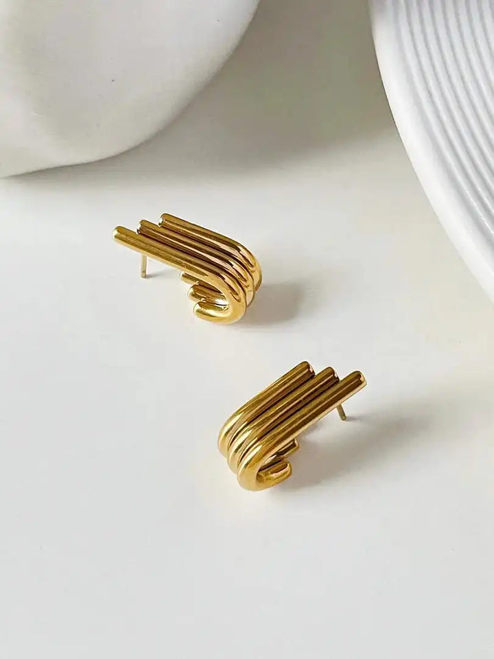 Lustrous Curved Ribbed Gold Earrings