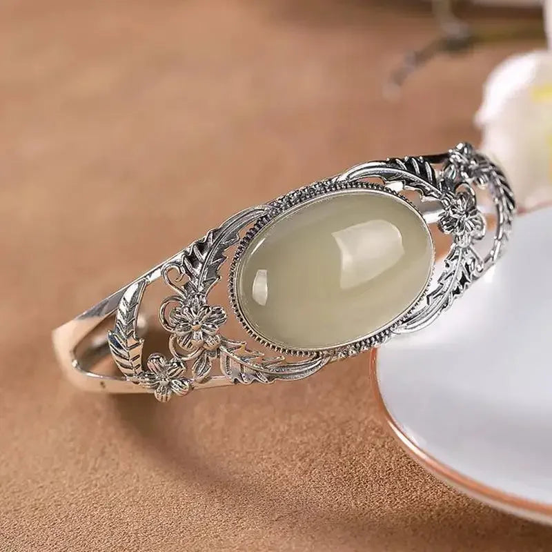 Silver Inlaid Jade Hollow Bangle