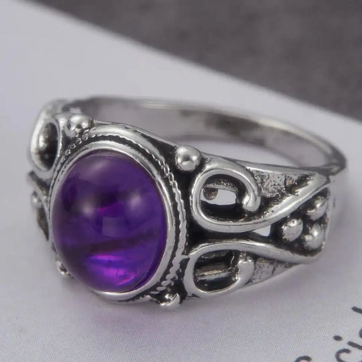 Classic Silver Purple Oval Scroll Ring