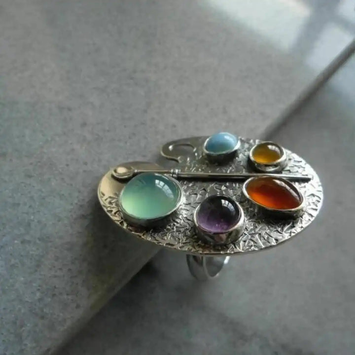 Artist Palette Multicolour Gemstone Adjustable Ring