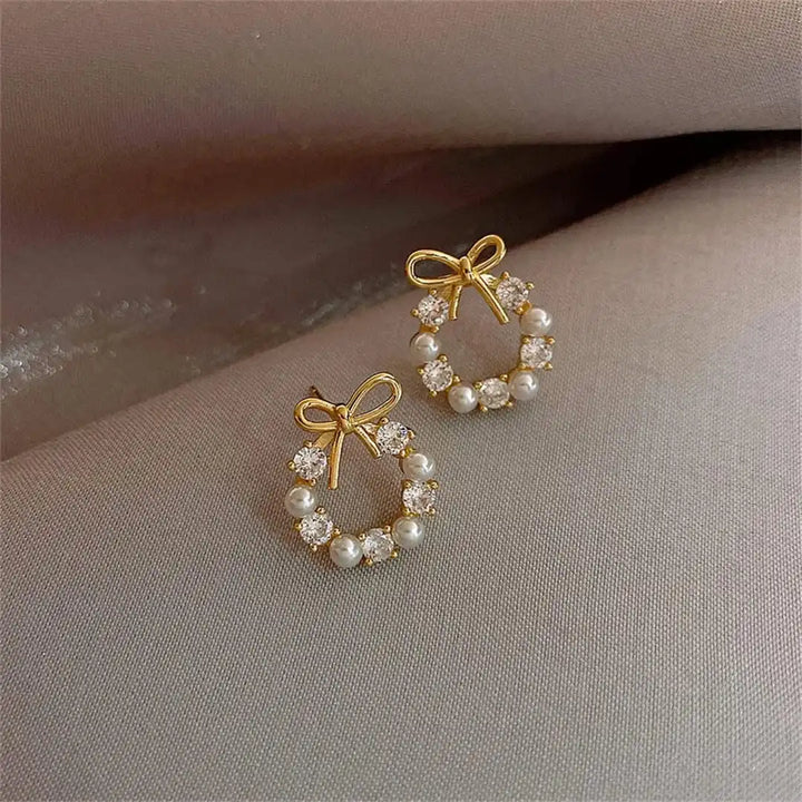 Bow Pearl Circle Stud Earrings