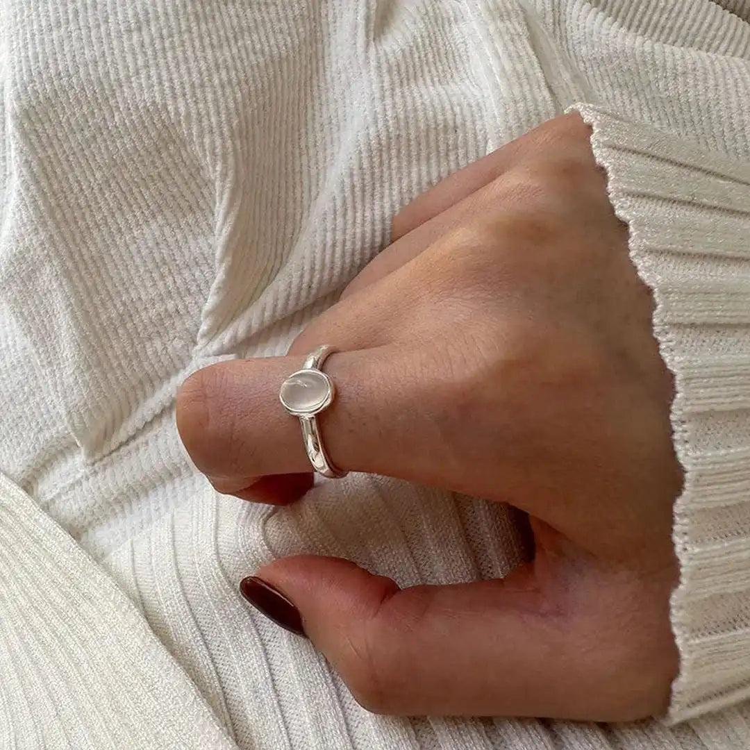 Silver Oval Moonstone Minimal Ring