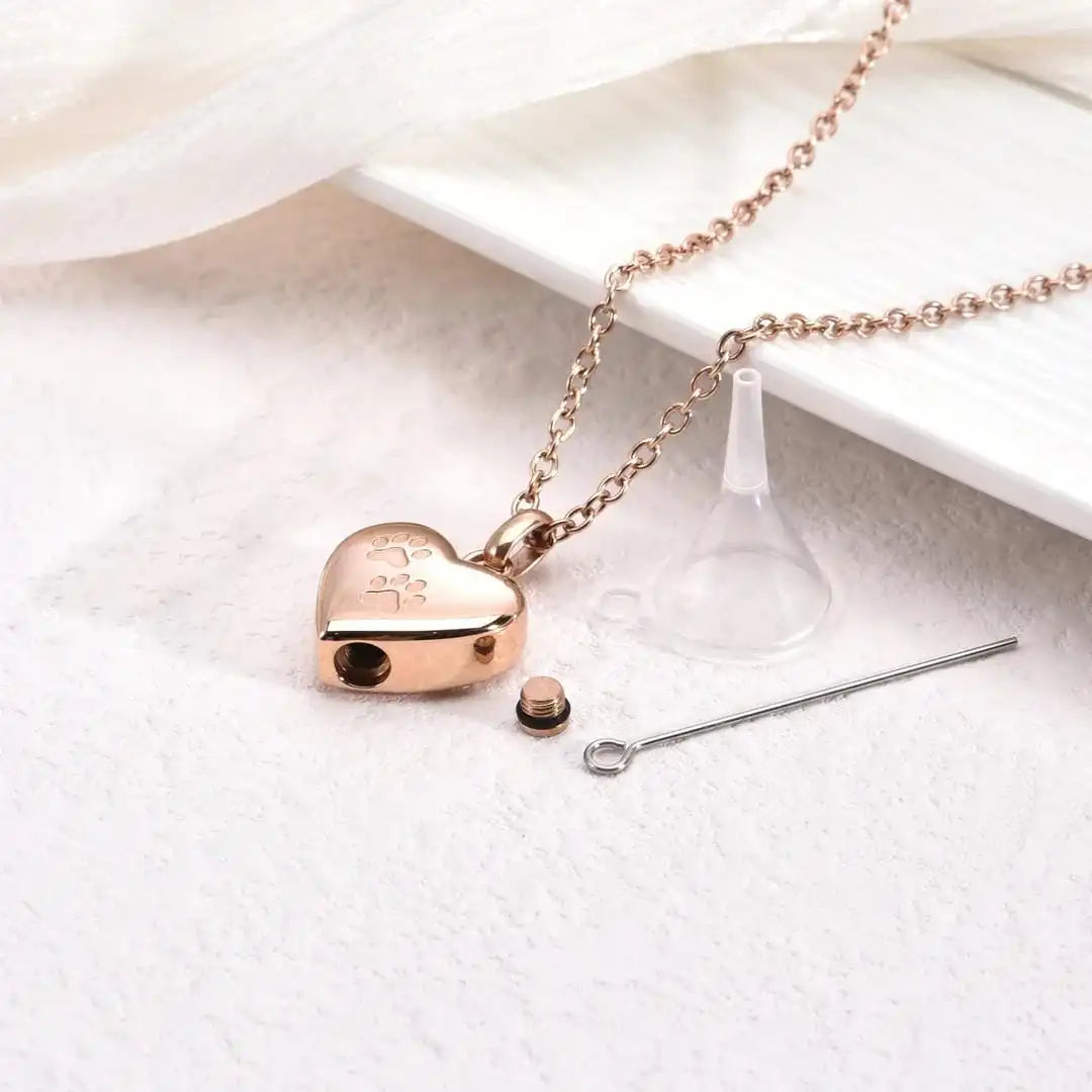 Pet Memorial Urn Necklace Heart-Shaped Pendant with Paw Engraving
