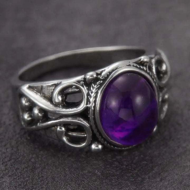 Classic Silver Purple Oval Scroll Ring