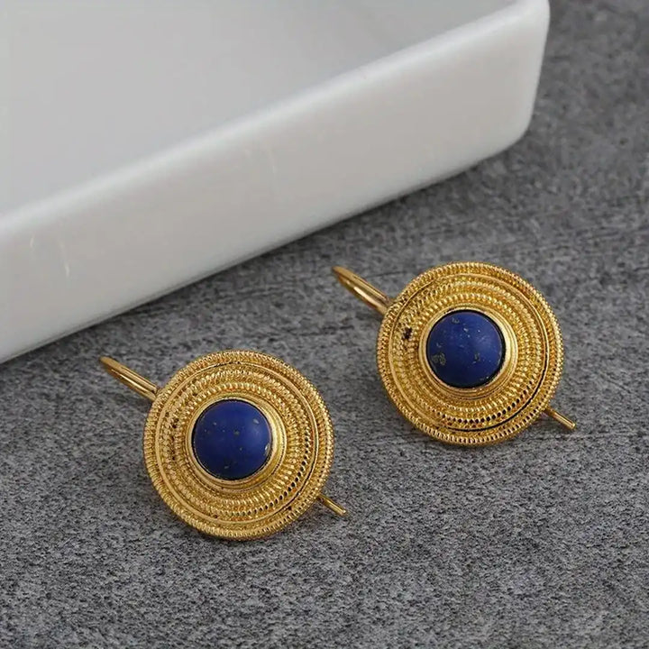 Blue Round Gemstone Hanging Earrings