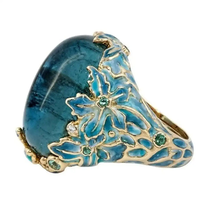 Elegant Gold Flower Blue Stone Ring