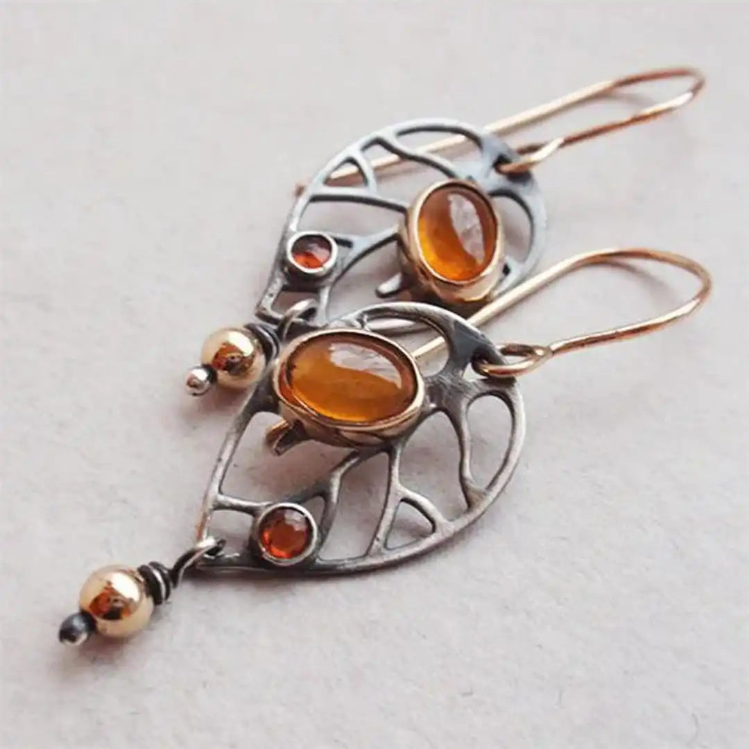 Vintage Silver Amber Leaf Drop Earrings