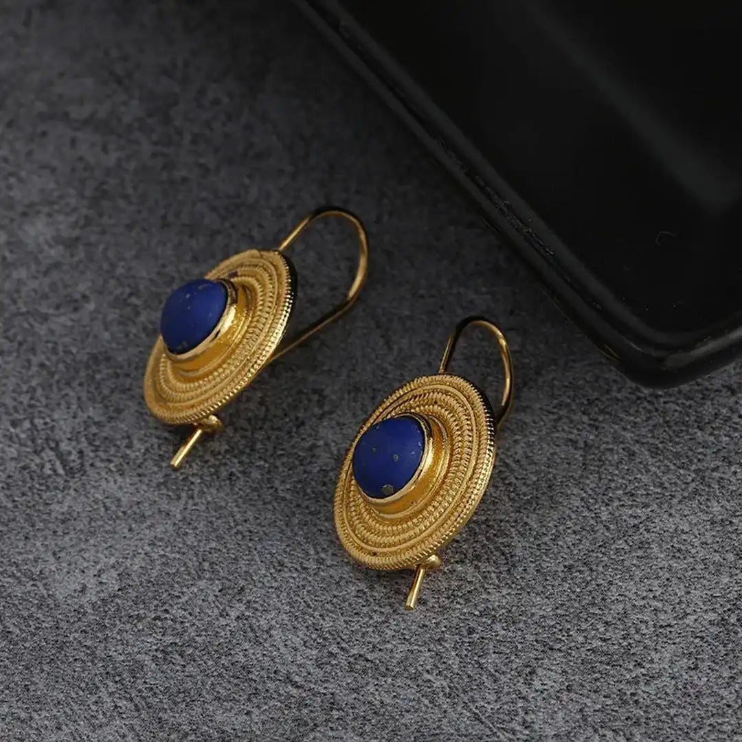 Blue Round Gemstone Hanging Earrings