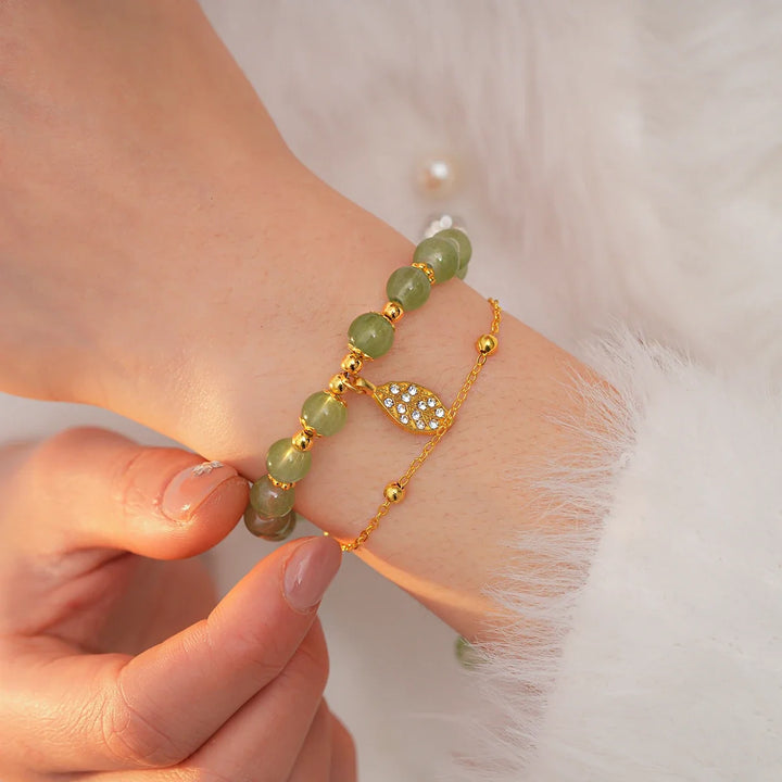 Leaf Charm Jade Beaded Bracelet
