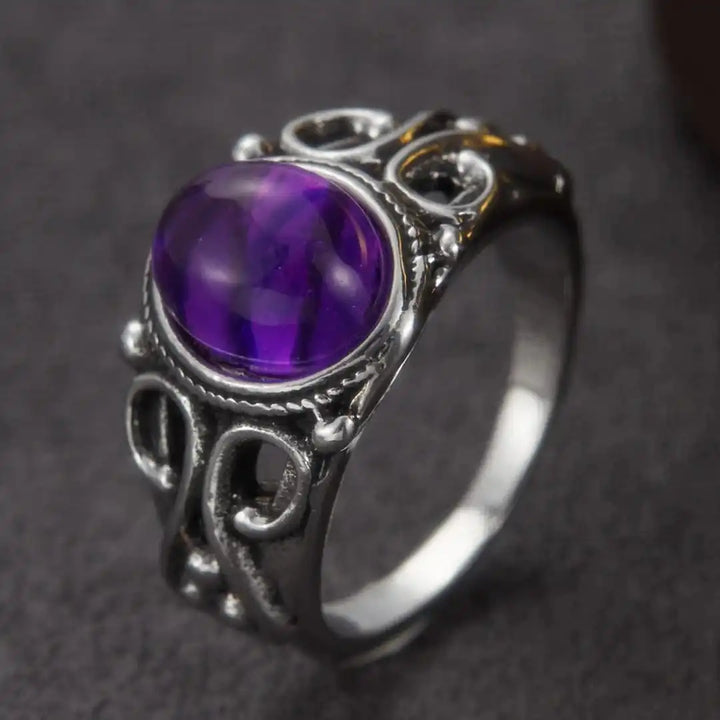 Classic Silver Purple Oval Scroll Ring