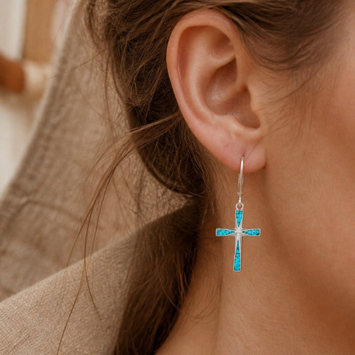 Silver Turquoise Cross Earrings