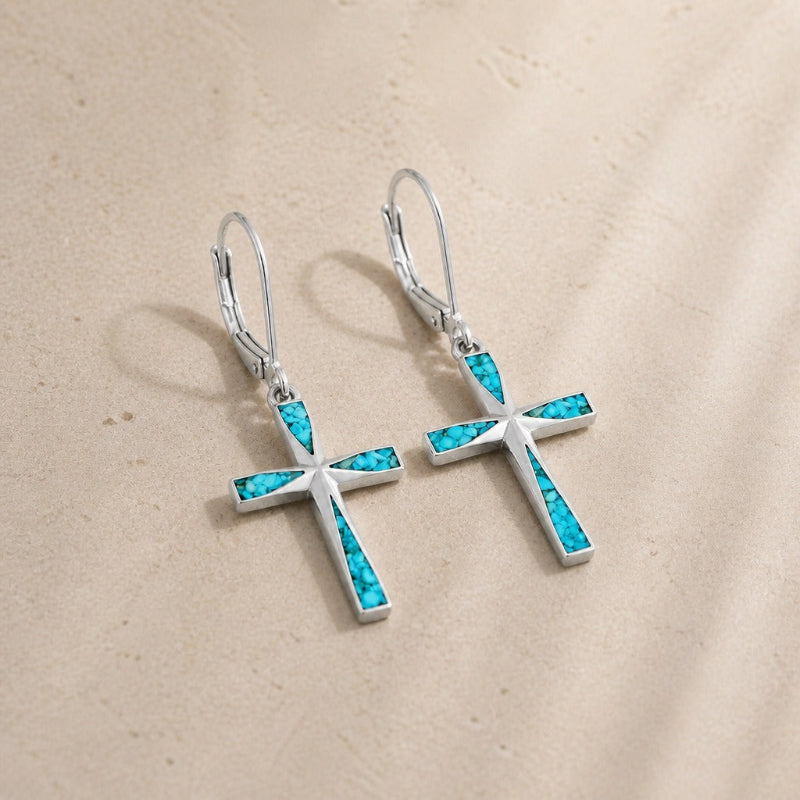 Silver Turquoise Cross Earrings