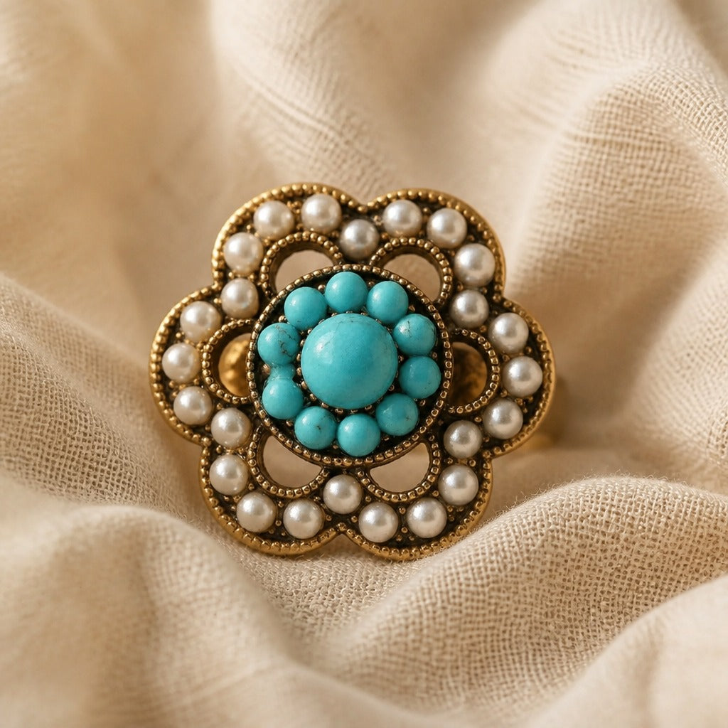 Turquoise Pearl Floral Ring