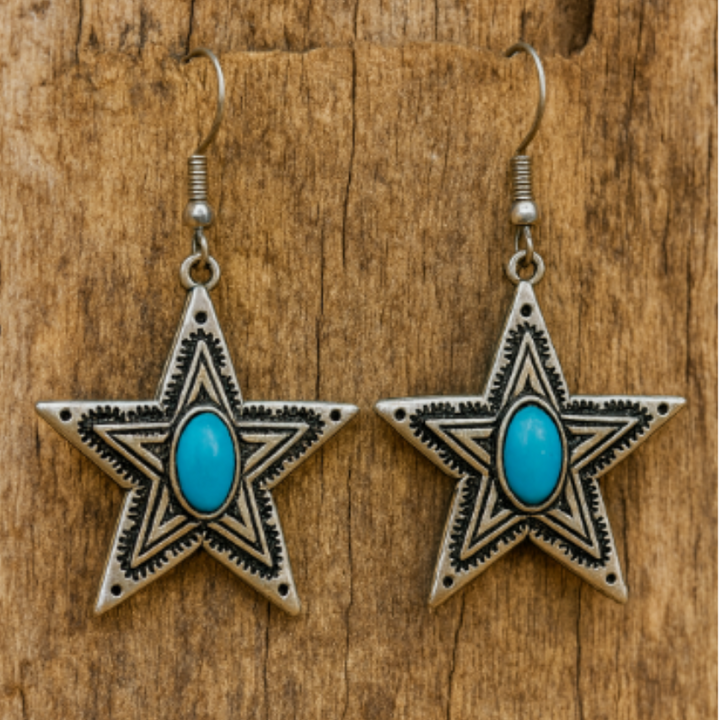 Antiqued Silver Turquoise Star Earrings