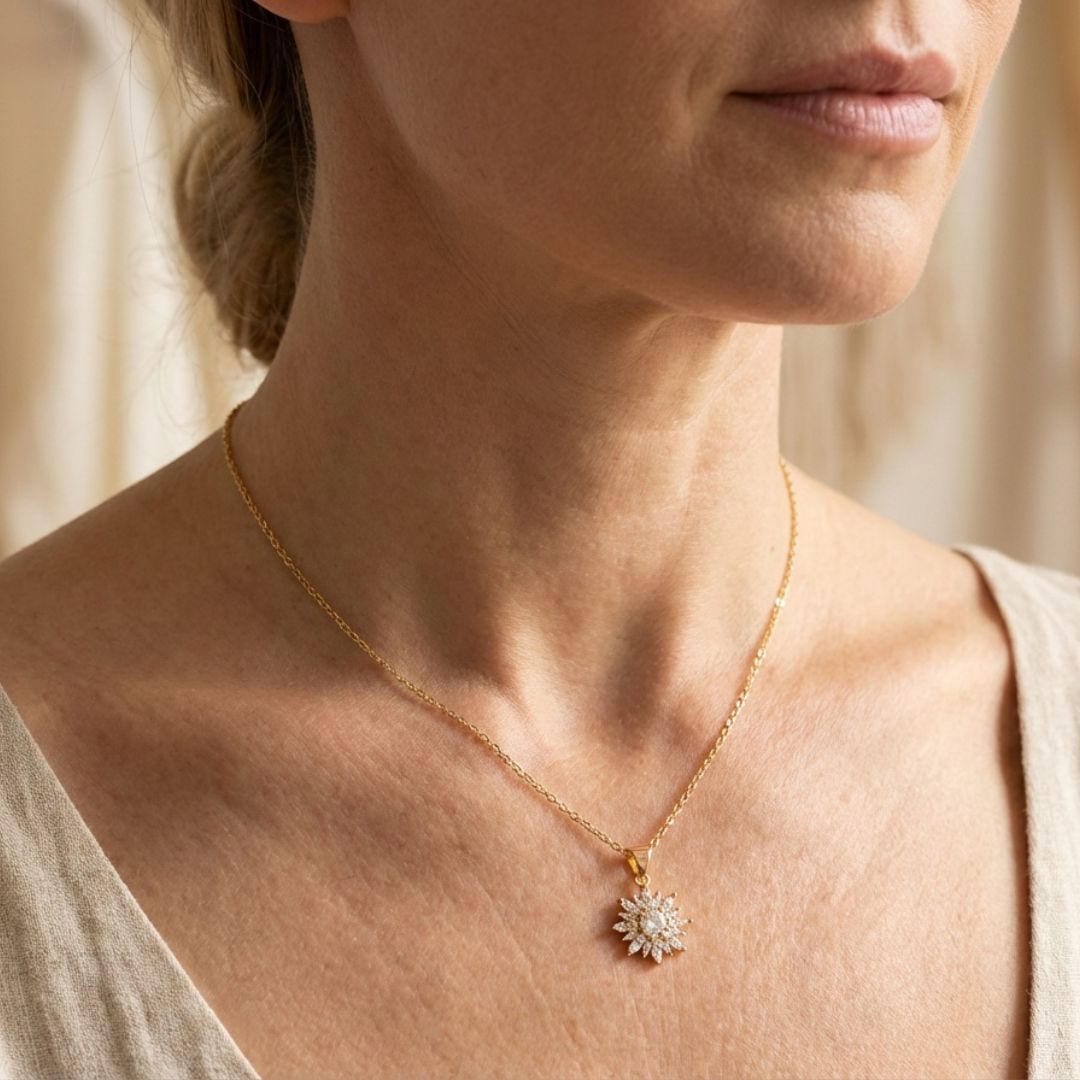 Trendy Silver Sunflower Zircon Necklace &amp; Earrings set