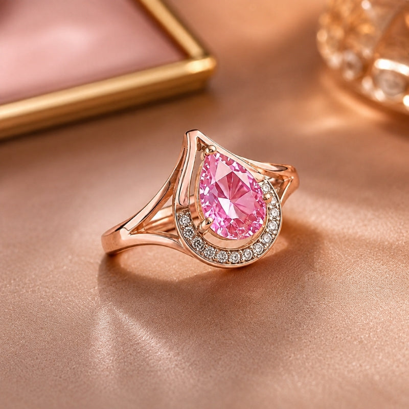 Exquisite Pink Teardrop Ring
