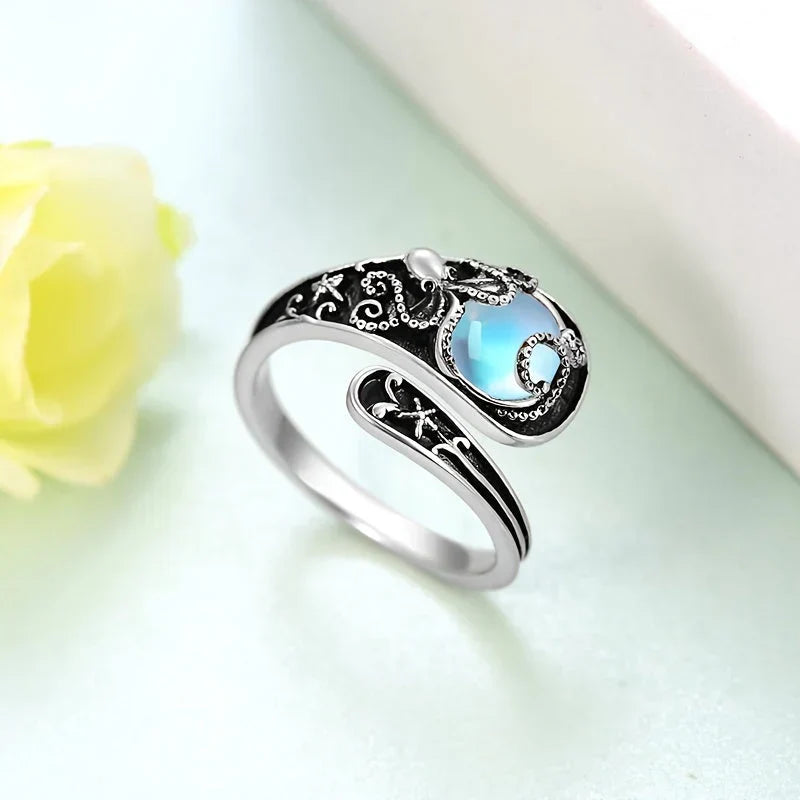 Silver Octopus Blue Moonstone Ring