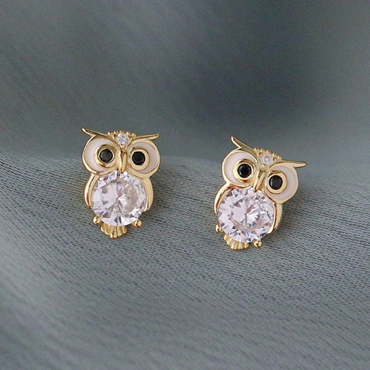 Gold Zirconia Owl Stud Earrings