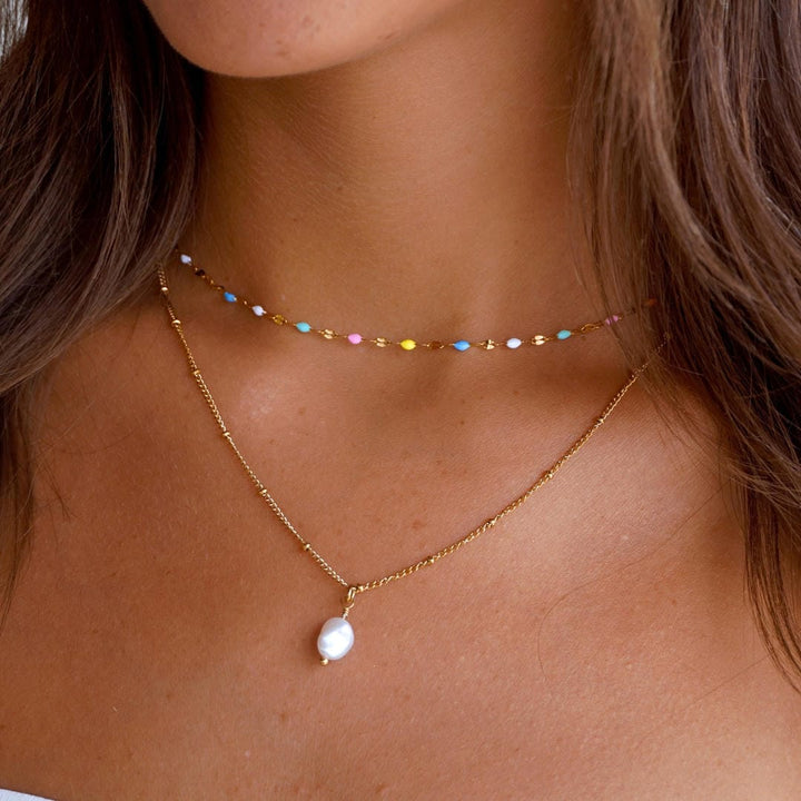 Rainbow Choker and Gold Pearl Necklace Set