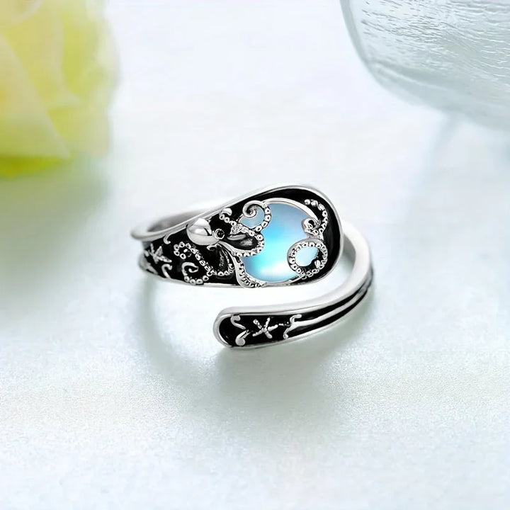 Silver Octopus Blue Moonstone Ring