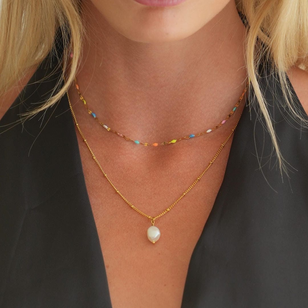 Rainbow Choker and Gold Pearl Necklace Set