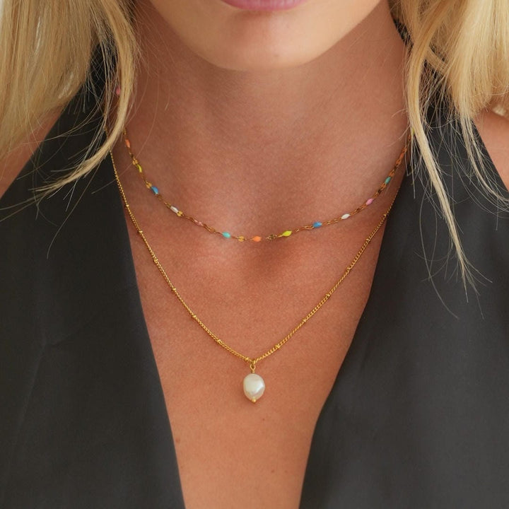 Rainbow Choker and Gold Pearl Necklace Set