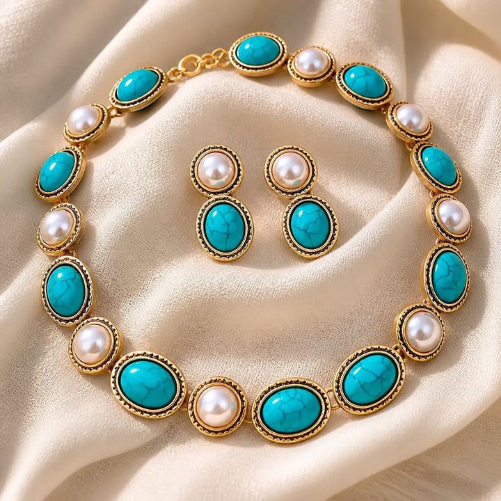 Turquoise &amp; Pearl Antique Gold Statement Set