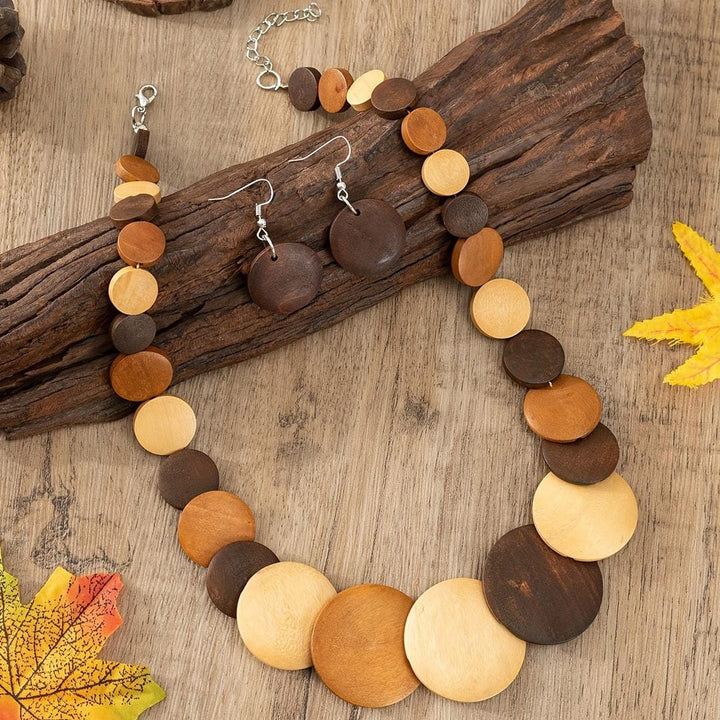 Coastal Wood Disc Statement Necklace and Earrings Set