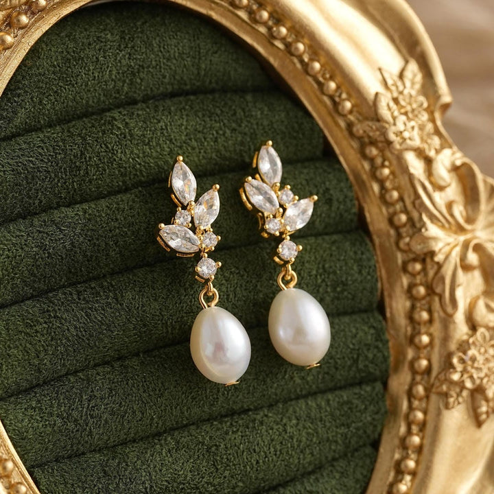 Pearl Leaf Cluster Drop Earrings