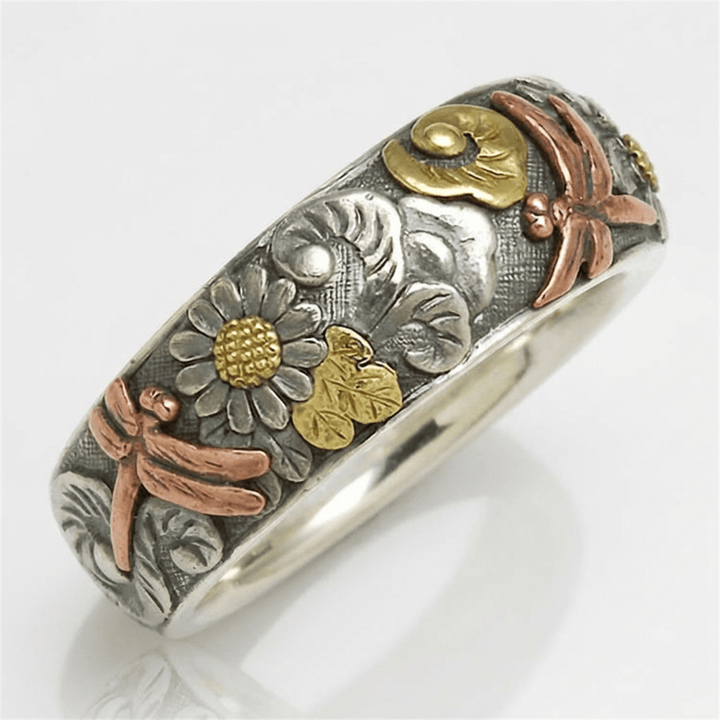 Dragonfly Sunflower Silver Ring