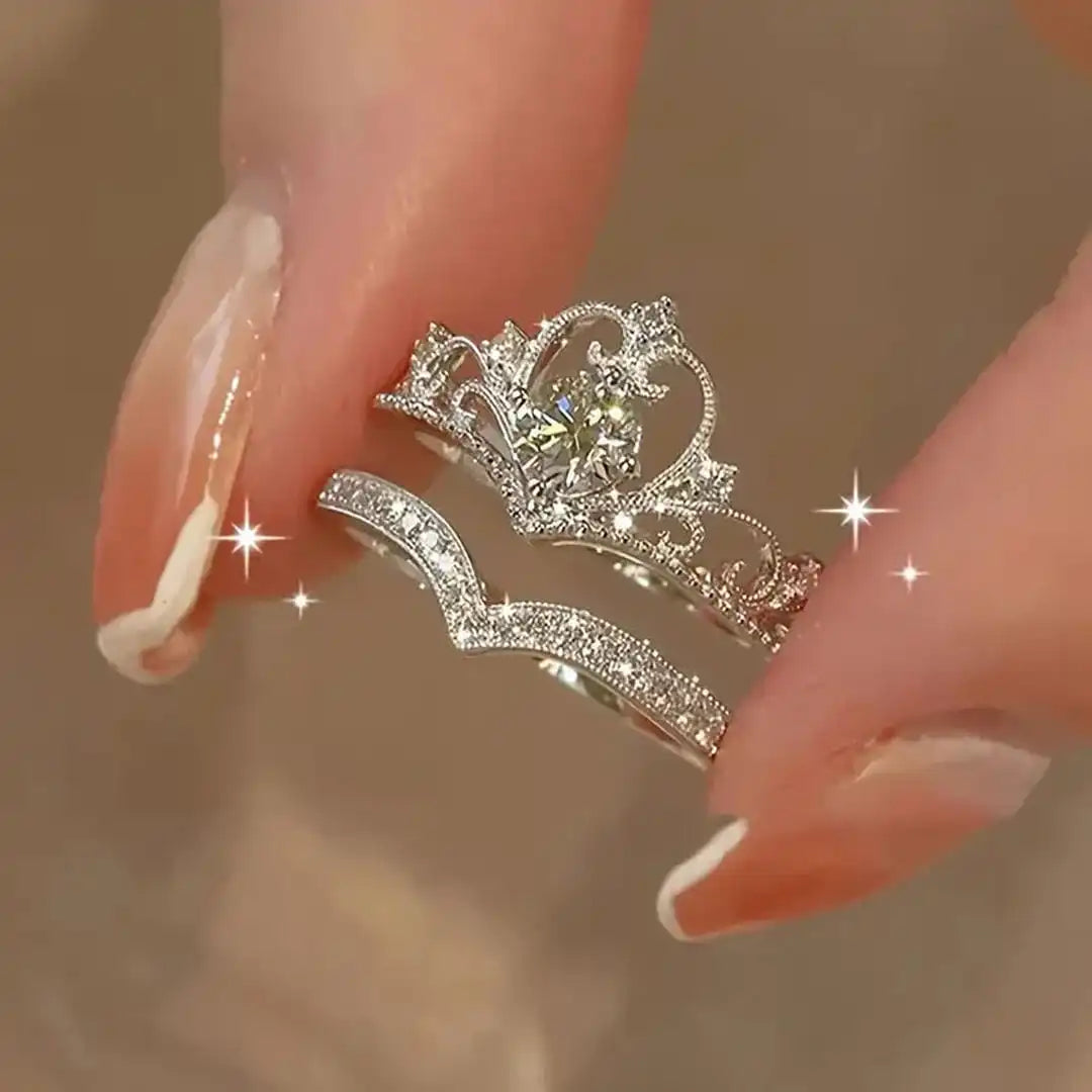 Shiny Crown Silver Ring Set