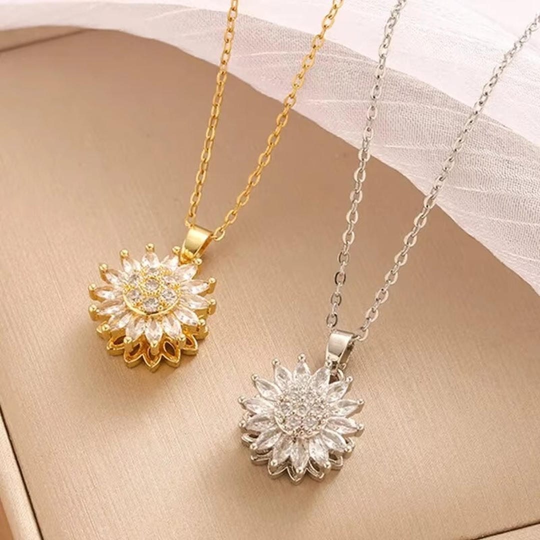 Trendy Silver Sunflower Zircon Necklace &amp; Earrings set