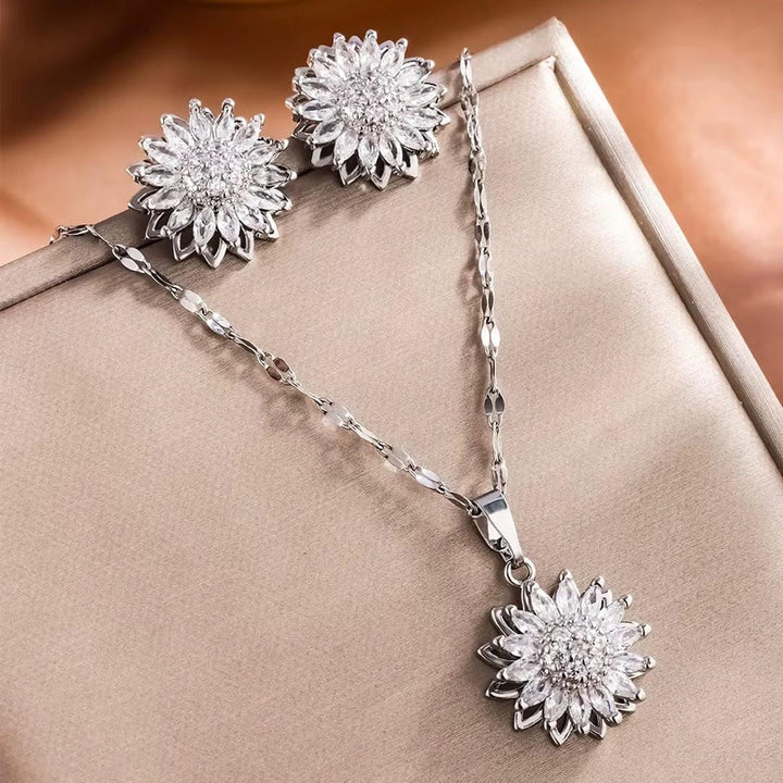 Trendy Silver Sunflower Zircon Necklace &amp; Earrings set
