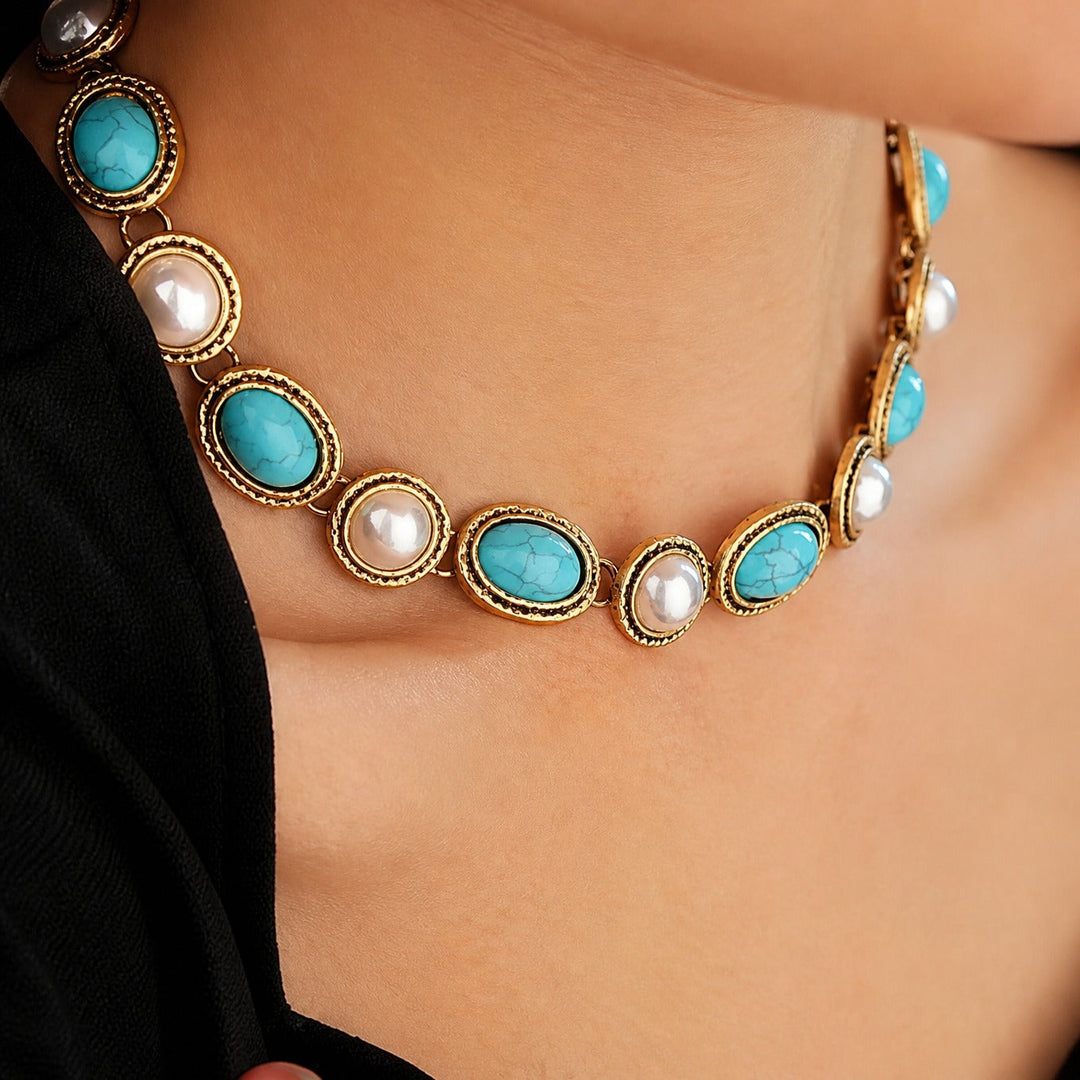 Turquoise &amp; Pearl Antique Gold Statement Set