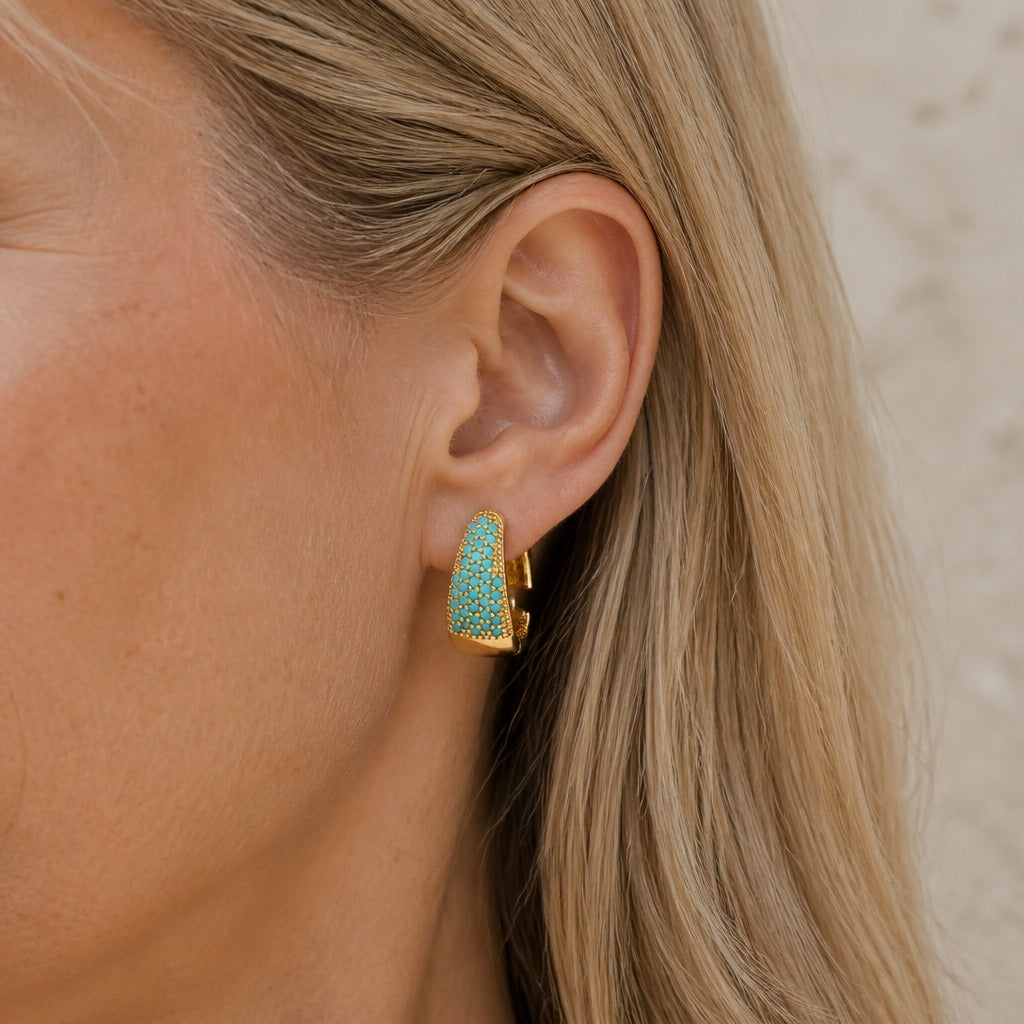 Turquoise Pavé Gold Huggie Earrings