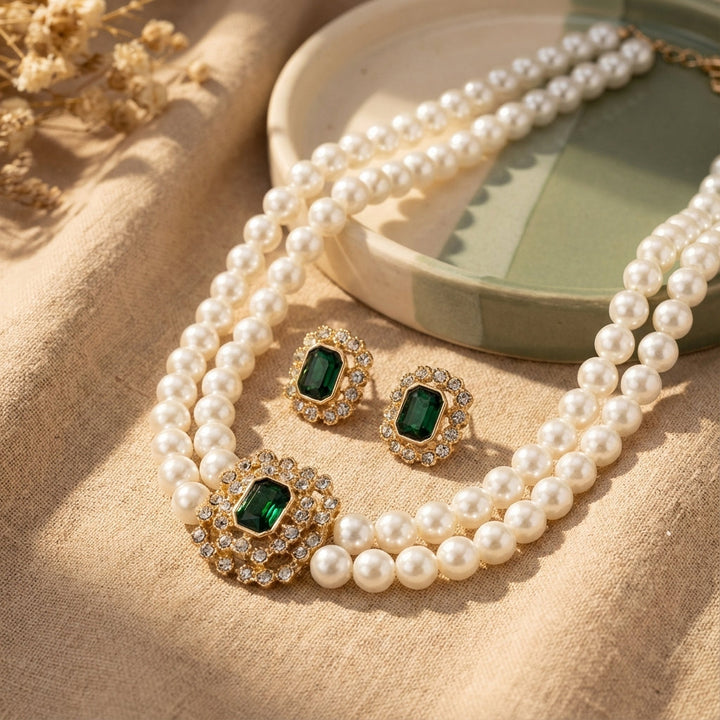 Tamsin Verdalle Pearl Emerald Necklace Set